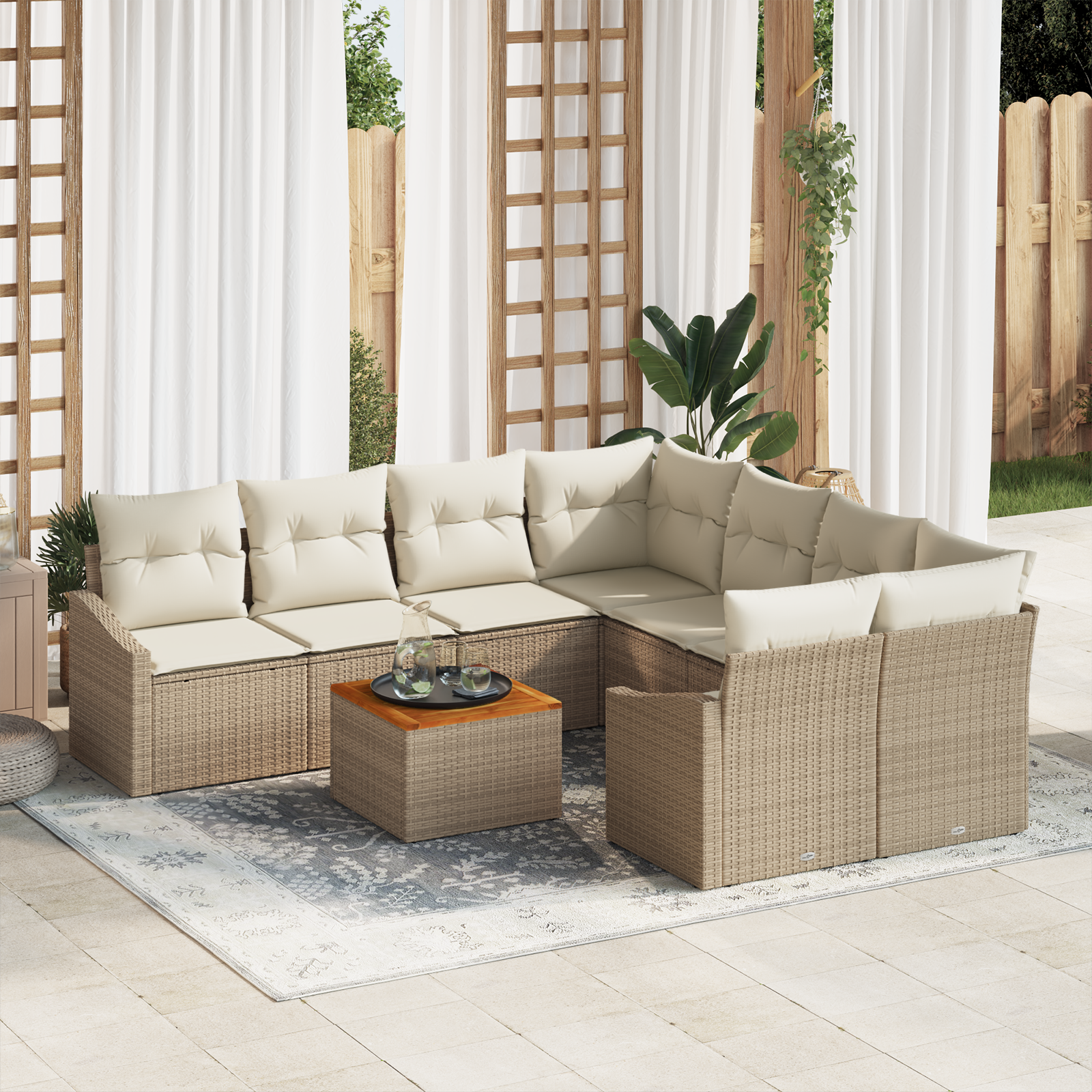 Set di Divani da Giardino di 9 Pezzi con Cuscini Beige Rattan Acacia