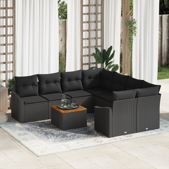 Set di divani da giardino di 9 pezzi con cuscini Nero Rattan polietilene Acacia