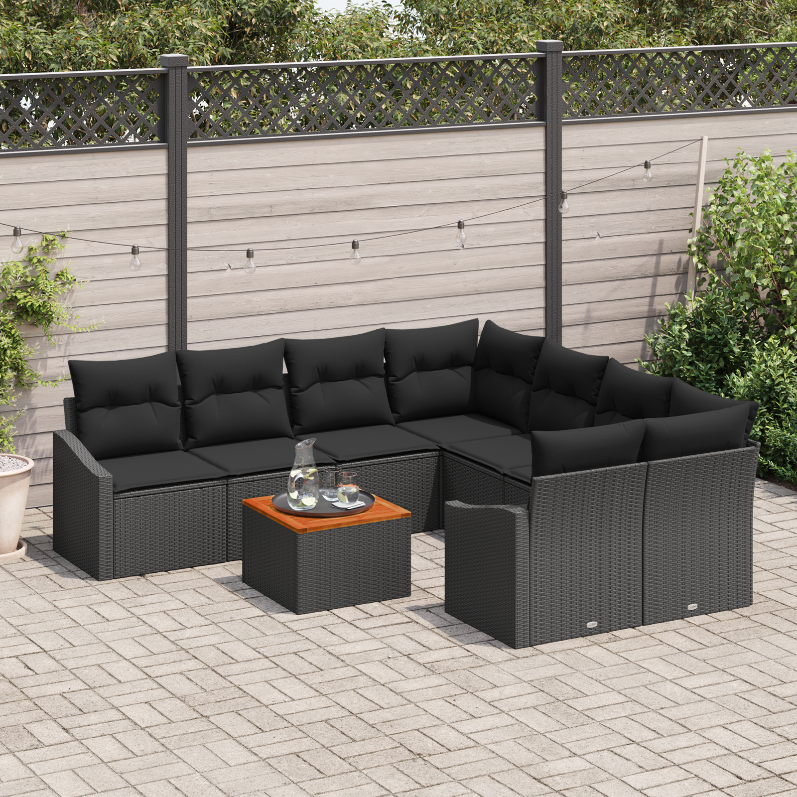 Set di divani da giardino di 9 pezzi con cuscini Nero Rattan polietilene Acacia