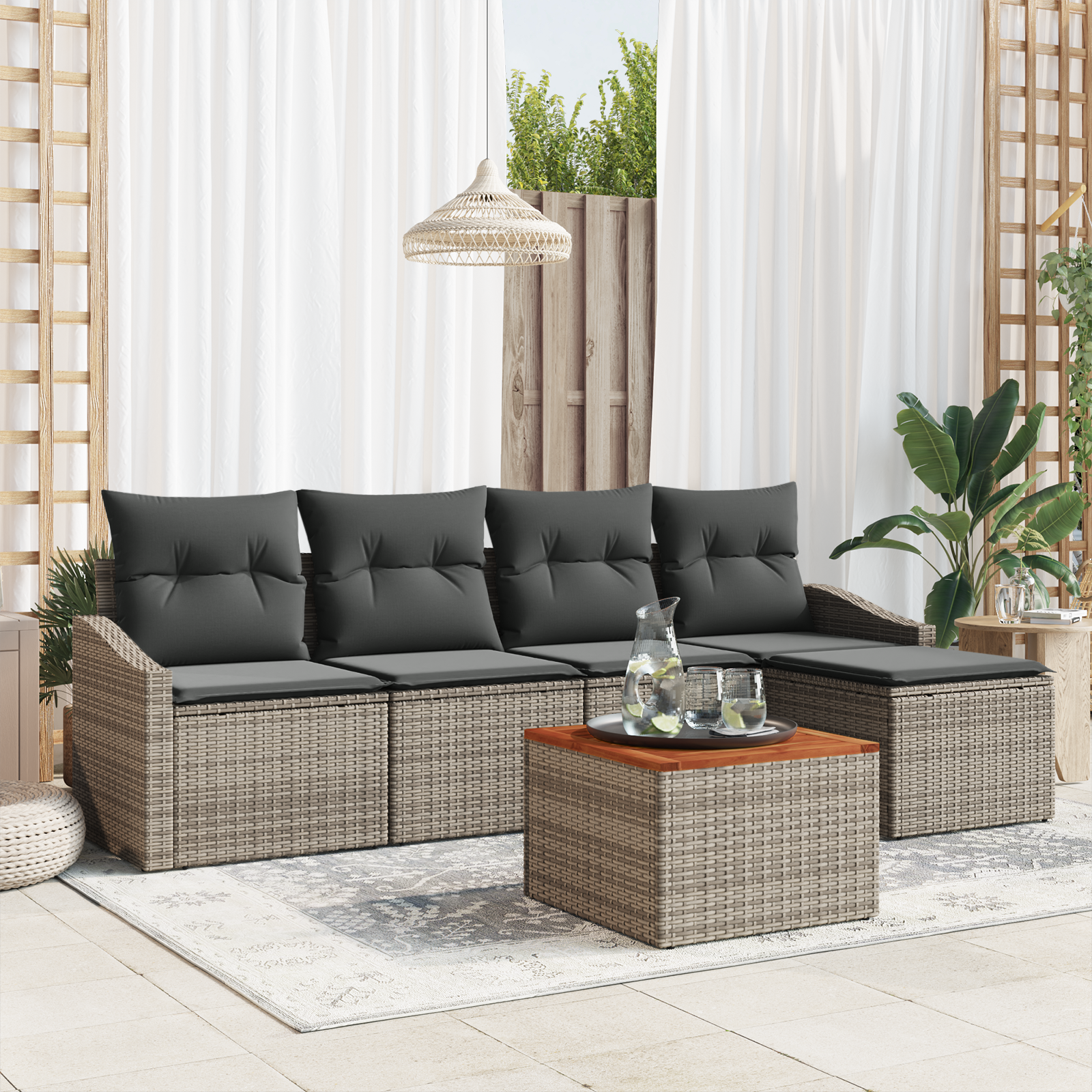 Set Divano da Giardino 6 Pezzi con Cuscini Grigio Polirattan Acacia