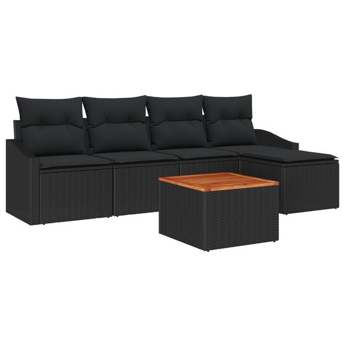Set Divano da Giardino 6 Pezzi con Cuscini Nero Polyrattan Acacia