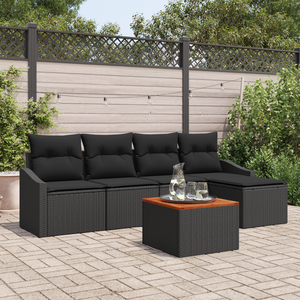 Set Divano da Giardino 6 Pezzi con Cuscini Nero Polyrattan Acacia