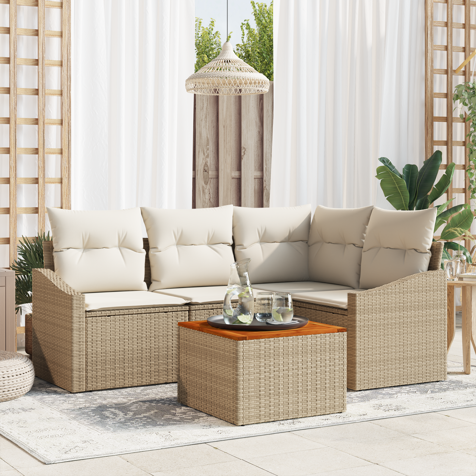 Set di divani da giardino 5 pezzi con cuscini beige polyrattan acacia