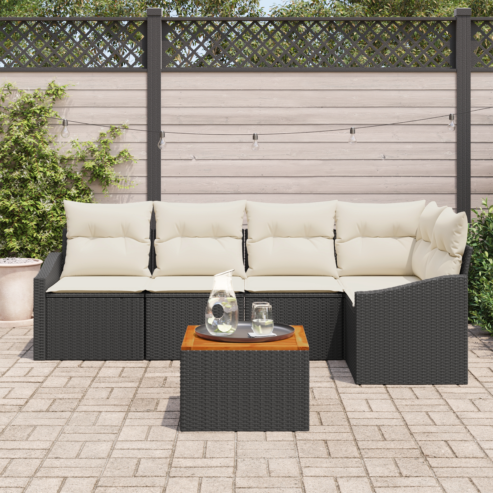 Set di Divani da Giardino 6 Pezzi con Cuscini Nero Polirattan Acacia