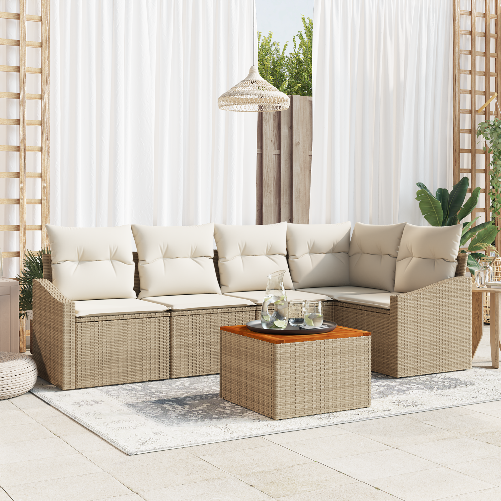 Set di Divano da Giardino 6 Pezzi con Cuscini Beige Rattan PE Acacia