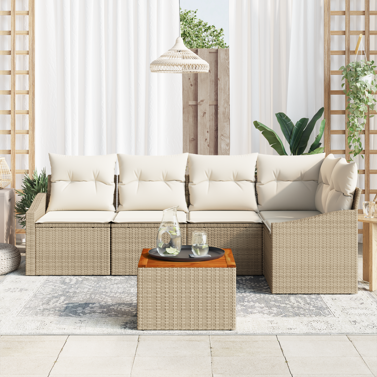 Set di Divano da Giardino 6 Pezzi con Cuscini Beige Rattan PE Acacia