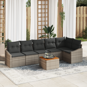 Set Divano da Giardino 7 Pezzi con Cuscini Grigio Poly Rattan Acacia