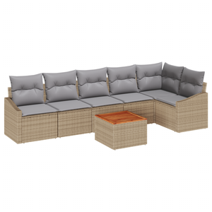 Set Divano da Giardino a 7 Pezzi con Cuscini Beige in Rattan e Acacia