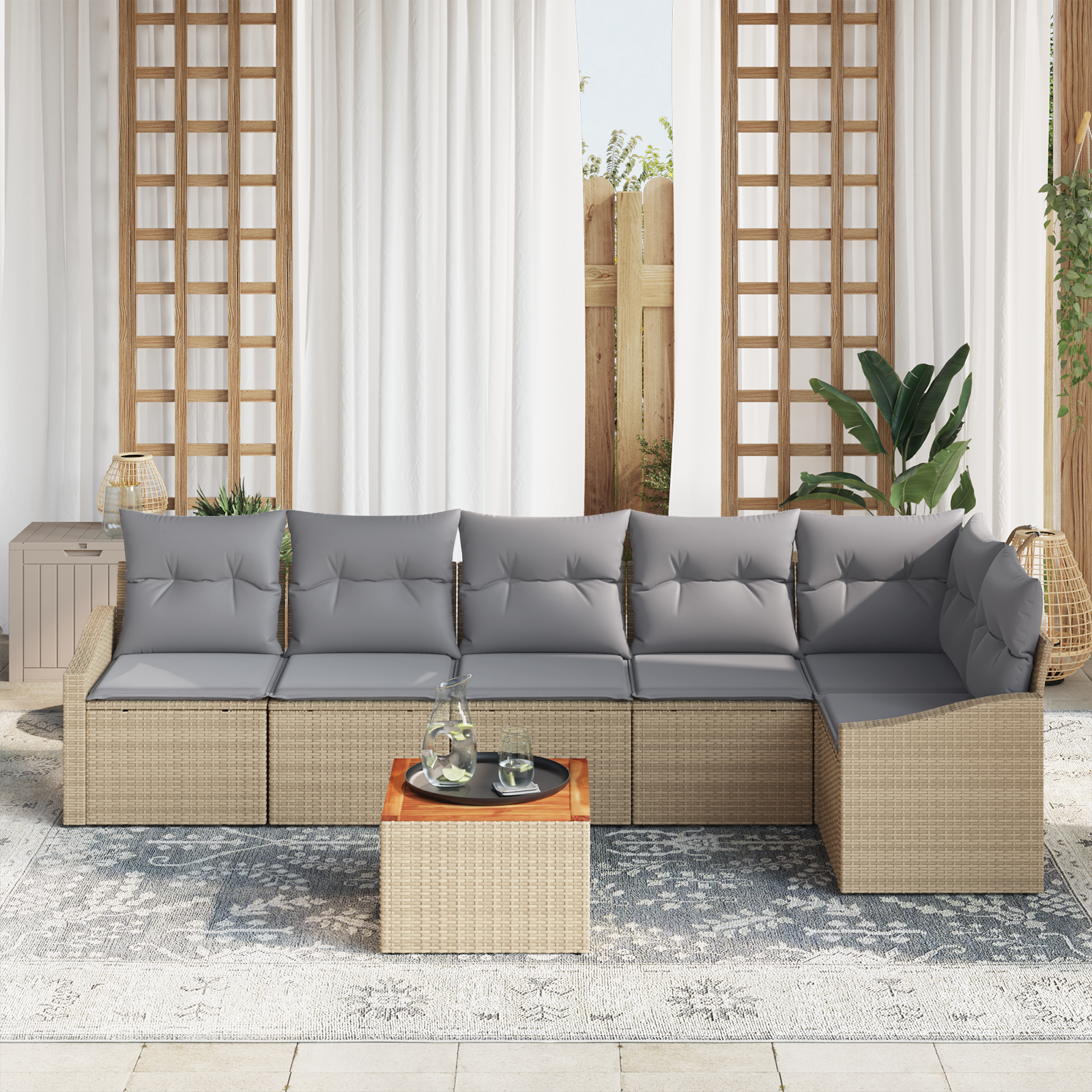 Set Divano da Giardino a 7 Pezzi con Cuscini Beige in Rattan e Acacia