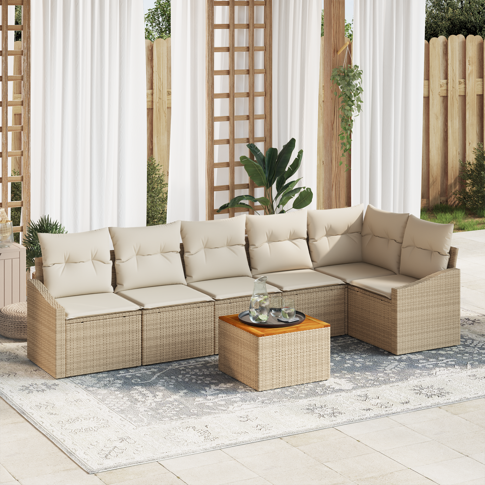 Set Divano da Giardino 7 Pezzi con Cuscini Beige Polyrattan Acacia