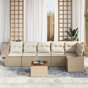 Set Divano da Giardino 7 Pezzi con Cuscini Beige Polyrattan Acacia