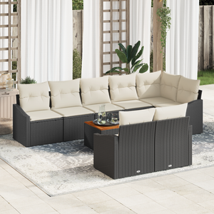 Set Divano da Giardino 9 Pezzi con Cuscini Nero Polyrattan Acacia