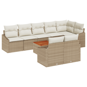Set Divano da Giardino a 9 Pezzi con Cuscini Beige Rattan Polietilene Acacia