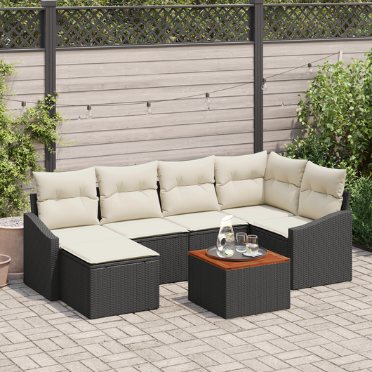 Set Divano Giardino 7 Pezzi con Cuscini Nero Polyrattan Acacia