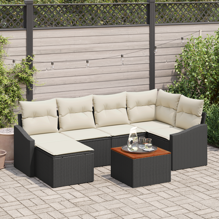 Set Divano Giardino 7 Pezzi con Cuscini Nero Polyrattan Acacia
