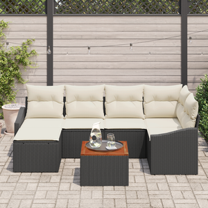 Set Divano Giardino 7 Pezzi con Cuscini Nero Polyrattan Acacia