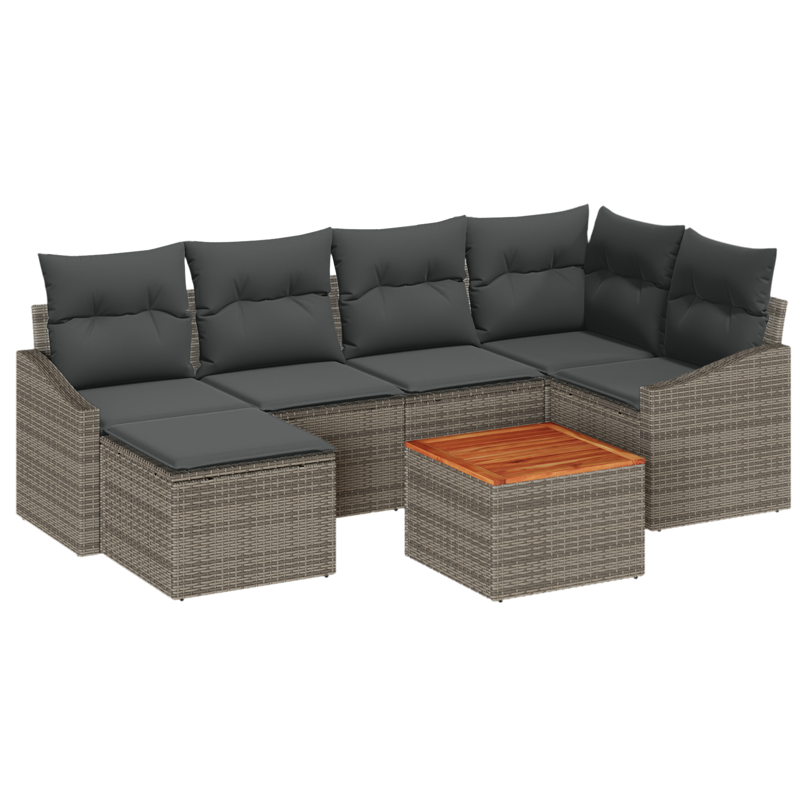Set di 7 Pezzi di Sofa da Giardino con Cuscini Grigio in Polyrattan e Acacia