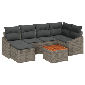 Set di 7 Pezzi di Sofa da Giardino con Cuscini Grigio in Polyrattan e Acacia
