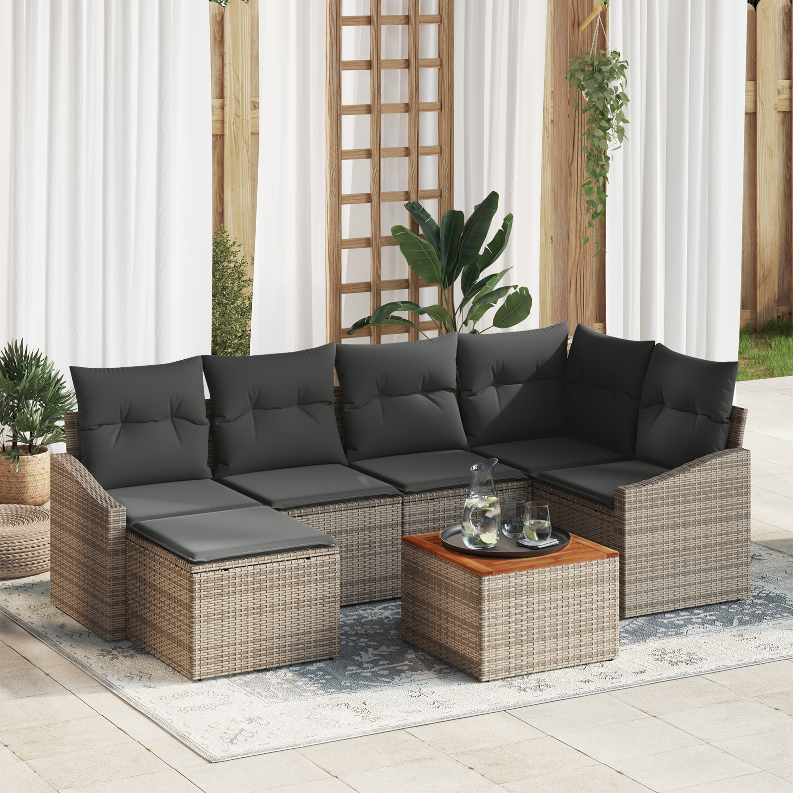 Set di 7 Pezzi di Sofa da Giardino con Cuscini Grigio in Polyrattan e Acacia