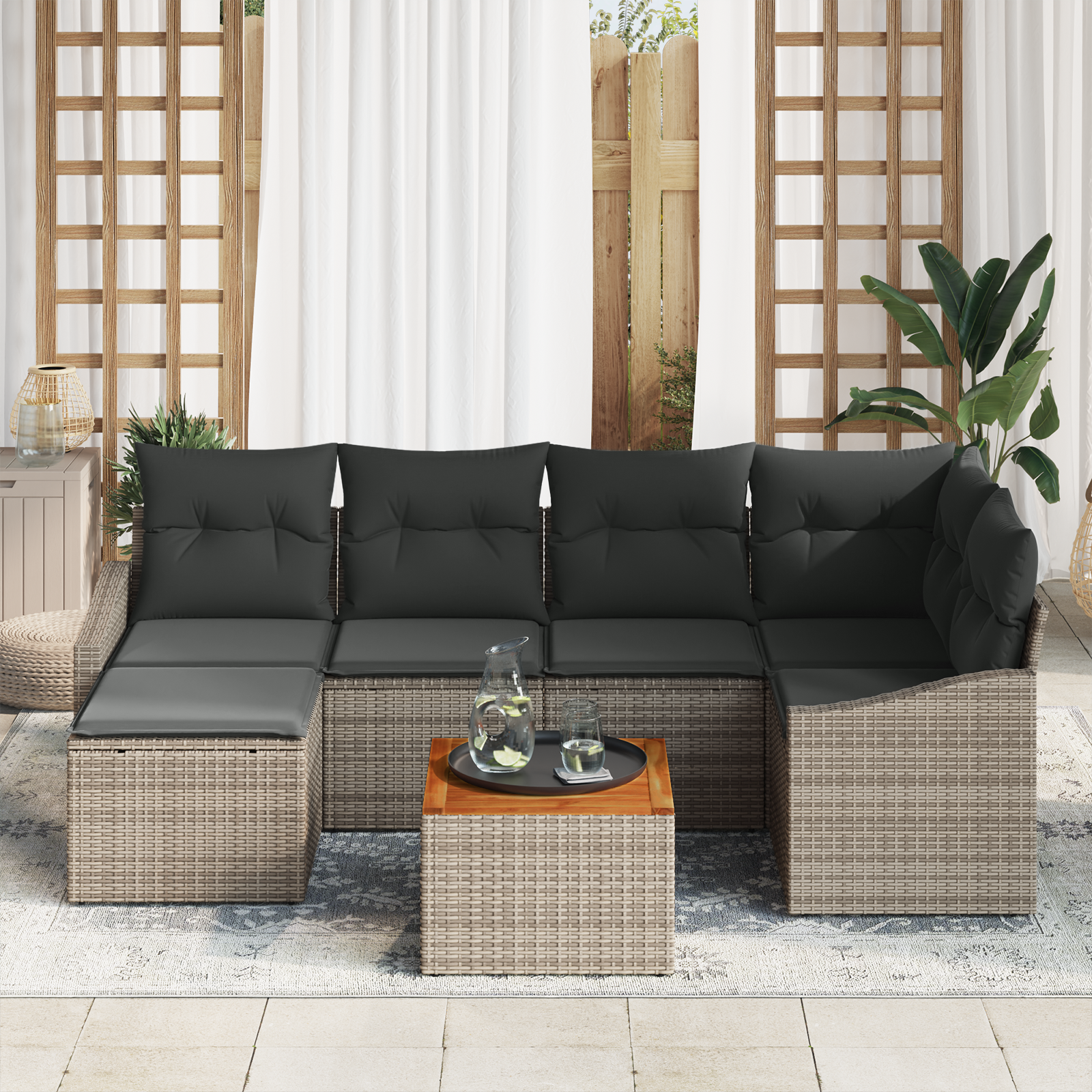 Set di 7 Pezzi di Sofa da Giardino con Cuscini Grigio in Polyrattan e Acacia