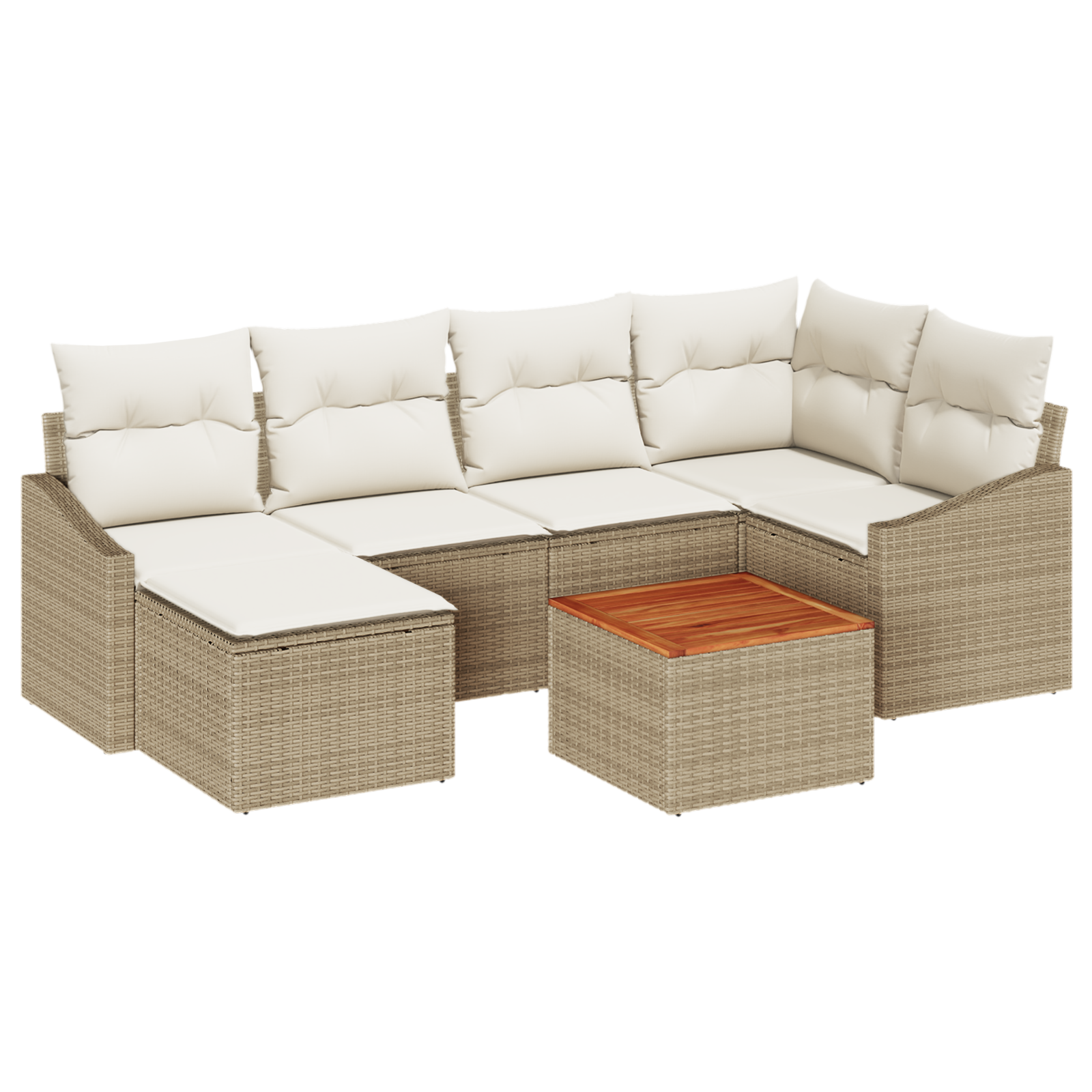 Set divani giardino 7 pezzi con cuscini beige in polyrattan e acacia