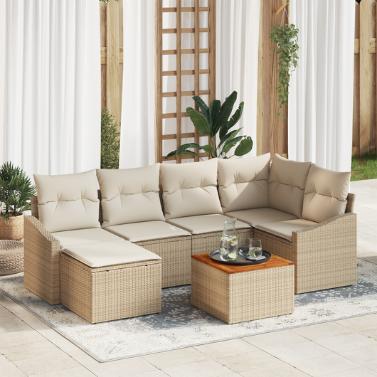 Set divani giardino 7 pezzi con cuscini beige in polyrattan e acacia