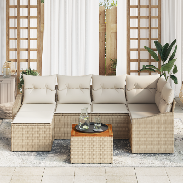 Set divani giardino 7 pezzi con cuscini beige in polyrattan e acacia