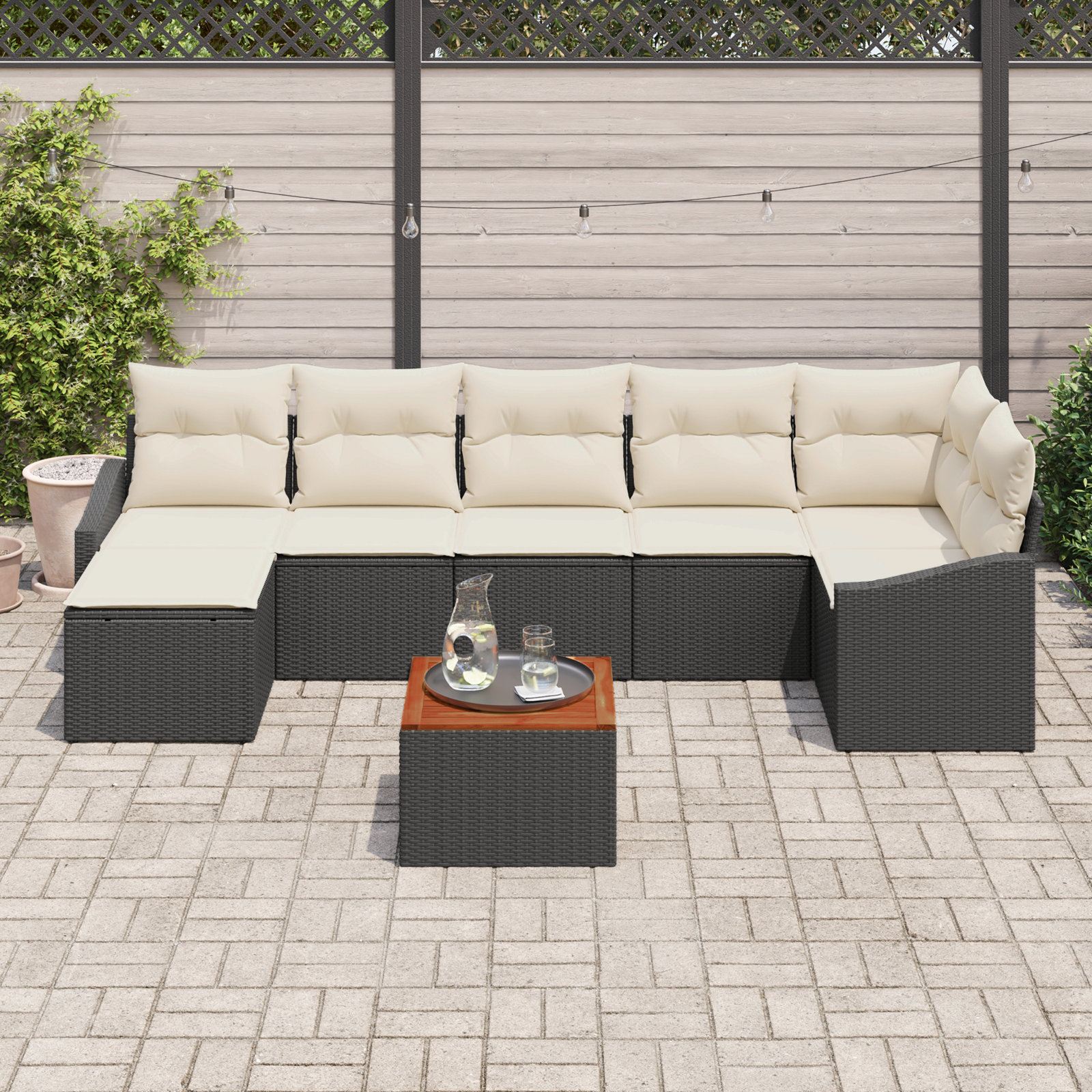 Set Divano da Giardino 8 Pezzi con Cuscini Nero Polyrattan Acacia