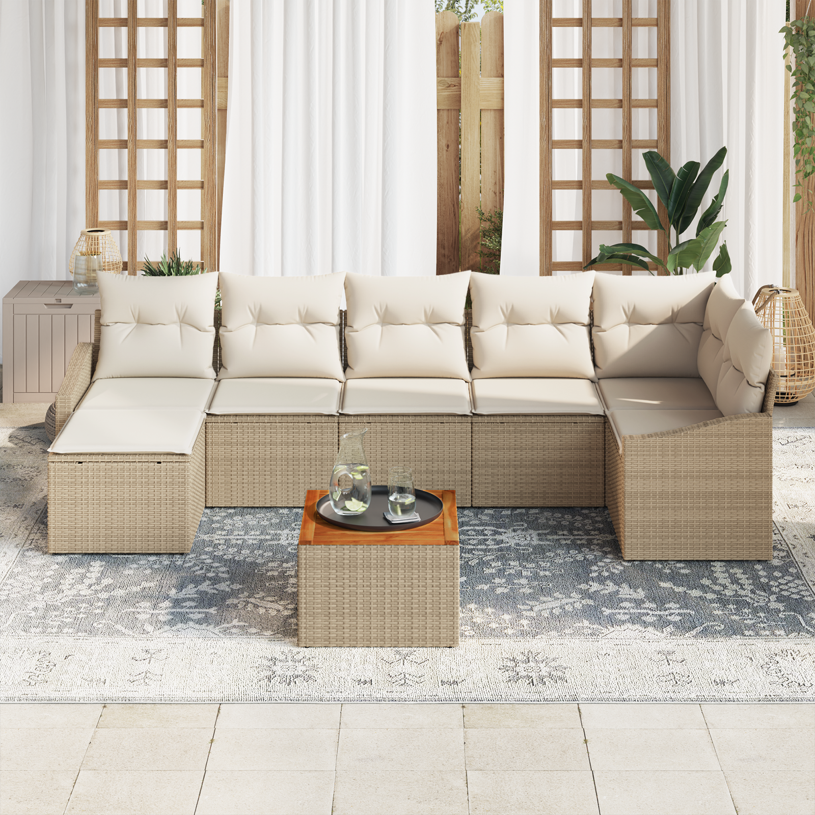 Set divano da giardino 8 pezzi con cuscini Beige Rattan Acacia