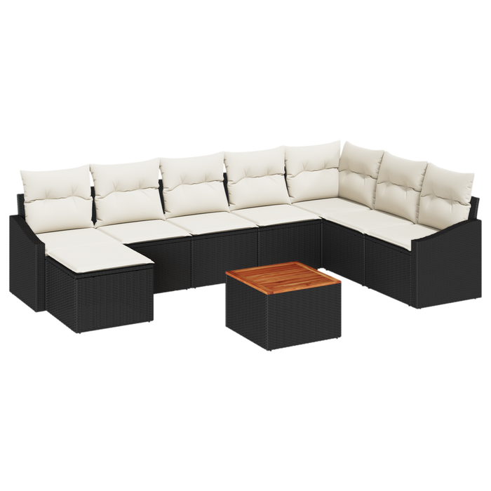 Set di Divani da Giardino di 9 Pezzi con Cuscini Nero Polyrattan Acacia