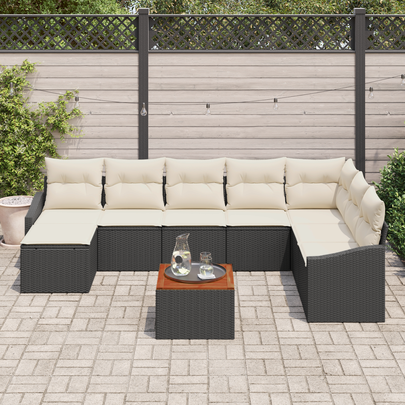 Set di Divani da Giardino di 9 Pezzi con Cuscini Nero Polyrattan Acacia