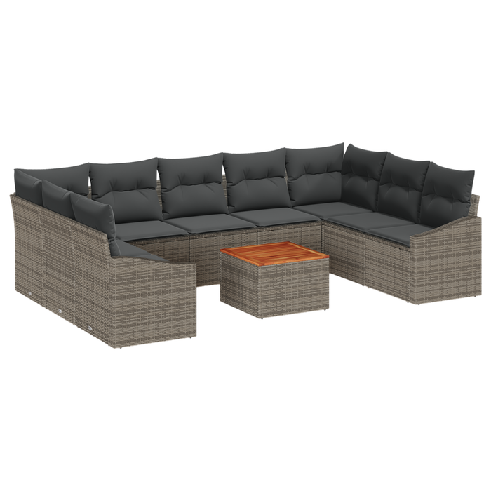 Set Divano da Giardino da 10 Pezzi con Cuscini Grigio Polyrattan Acacia