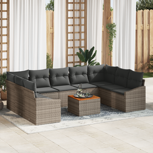 Set Divano da Giardino da 10 Pezzi con Cuscini Grigio Polyrattan Acacia