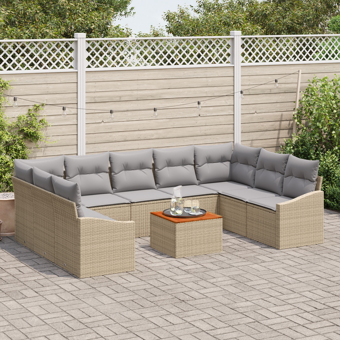 Set Divano da Giardino 10 Pezzi con Cuscini Beige Polyrattan Acacia