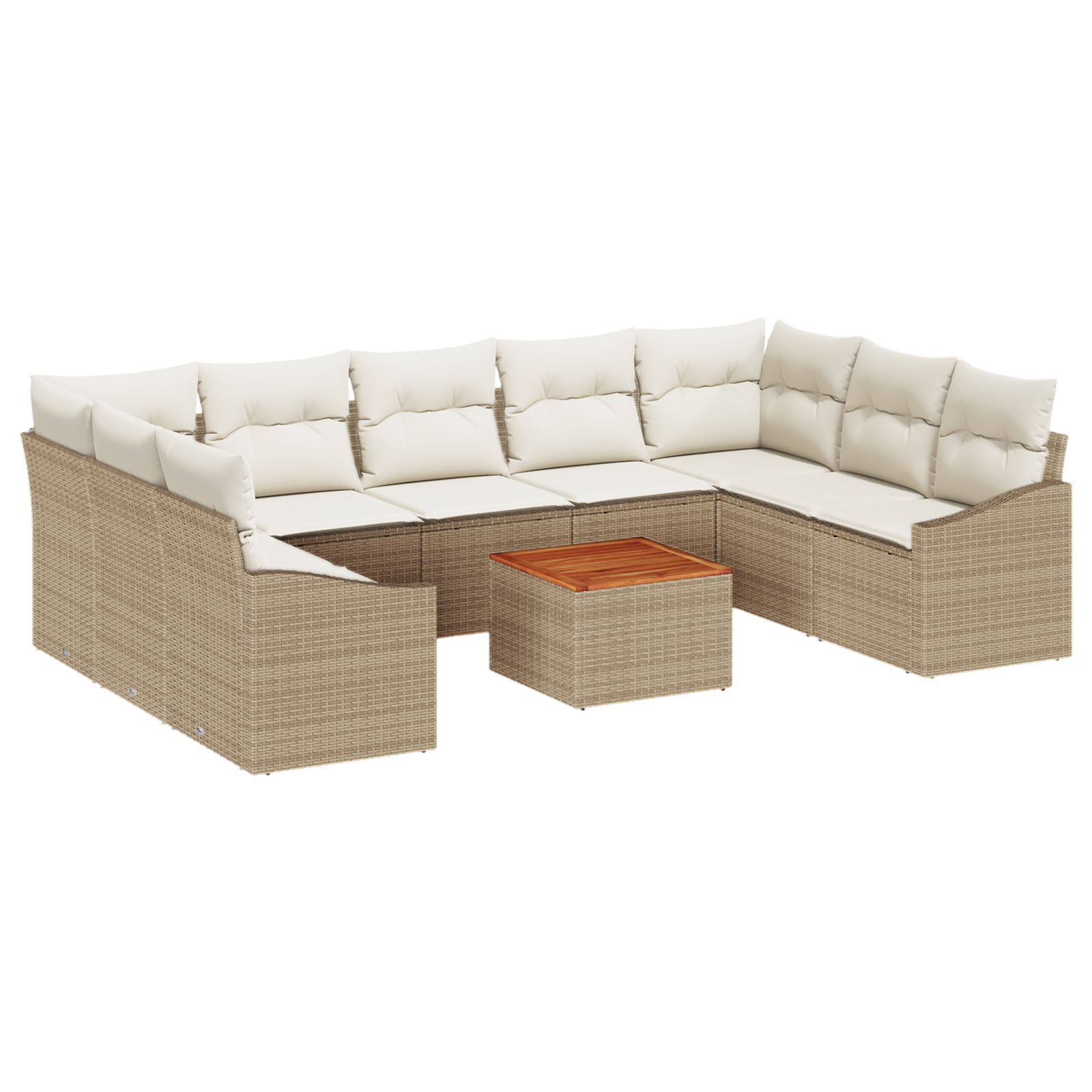 Set di Divani da Giardino da 10 Pezzi con Cuscini Beige in Polyrattan e Acacia