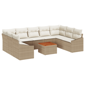 Set di Divani da Giardino da 10 Pezzi con Cuscini Beige in Polyrattan e Acacia