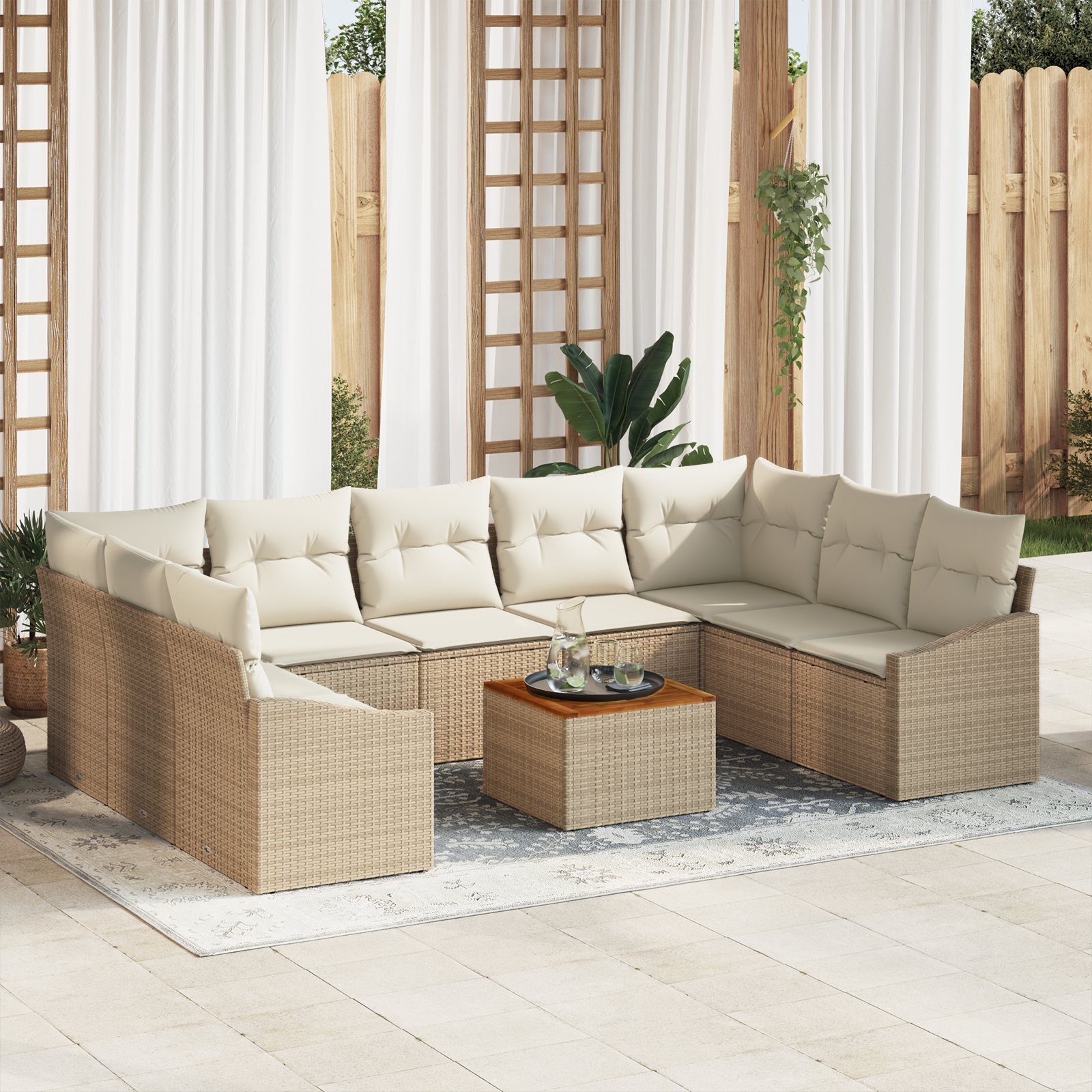 Set di Divani da Giardino da 10 Pezzi con Cuscini Beige in Polyrattan e Acacia
