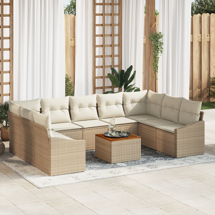 Set di Divani da Giardino da 10 Pezzi con Cuscini Beige in Polyrattan e Acacia