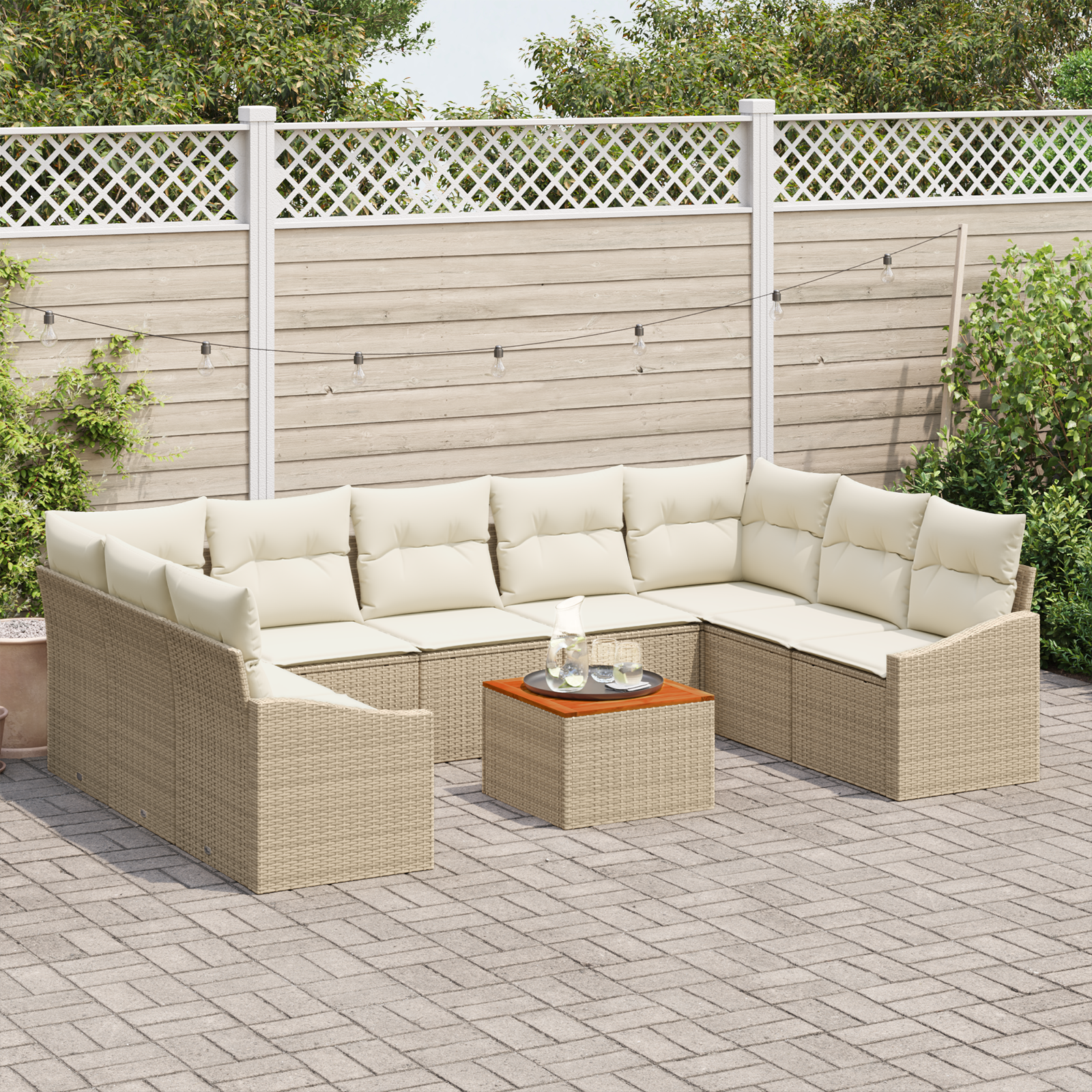 Set di Divani da Giardino da 10 Pezzi con Cuscini Beige in Polyrattan e Acacia