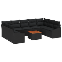 Set di divani da giardino da 10 pezzi con cuscini Nero Polyrattan Acacia