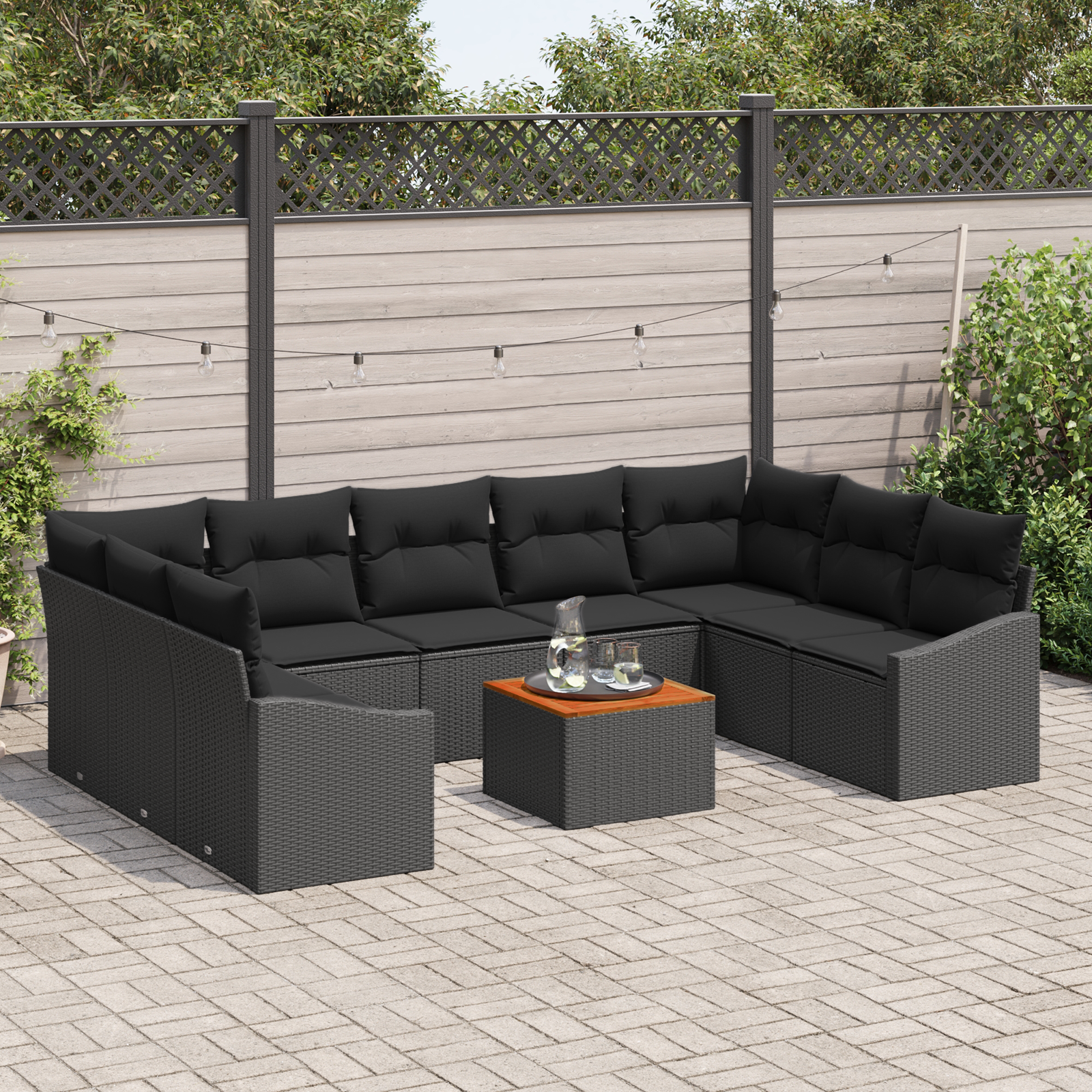 Set di divani da giardino da 10 pezzi con cuscini Nero Polyrattan Acacia