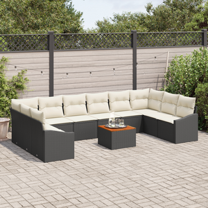 Set Divano da Giardino da 11 Pezzi con Cuscini Nero Polyrattan Acacia