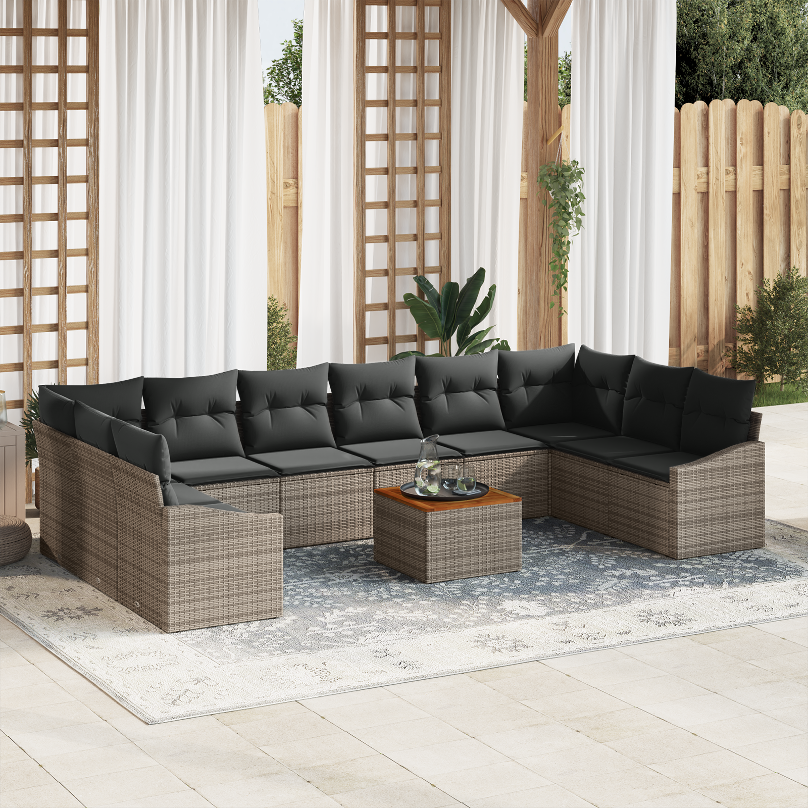 Set Divano da Giardino 11 Pezzi con Cuscini Grigi in Polirattan Acacia