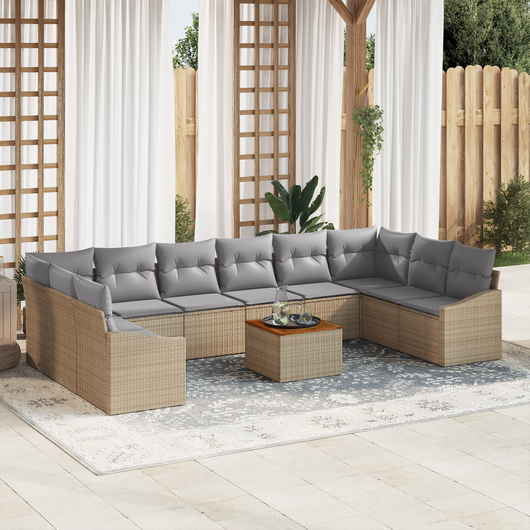Set Divano da Giardino da 11 pezzi con Cuscini Beige Rattan Acacia