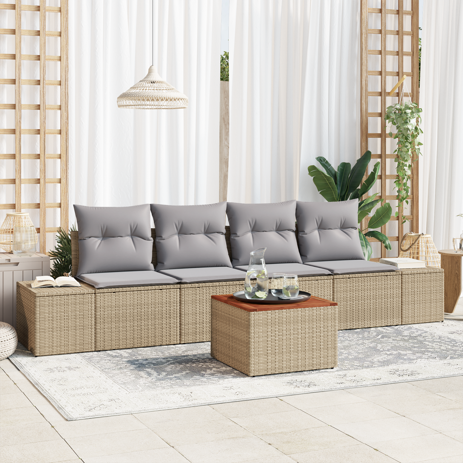 Set di divani da giardino 5 Pezzi con cuscini Beige Polyrattan Acacia