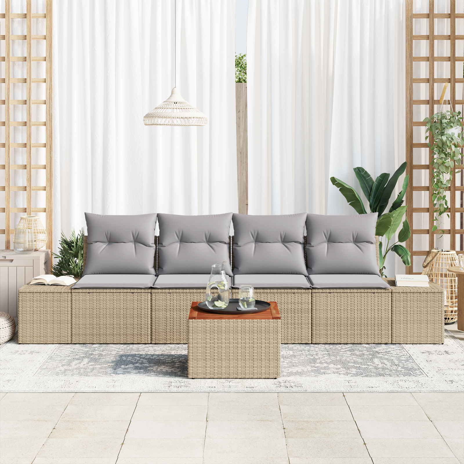 Set di divani da giardino 5 Pezzi con cuscini Beige Polyrattan Acacia