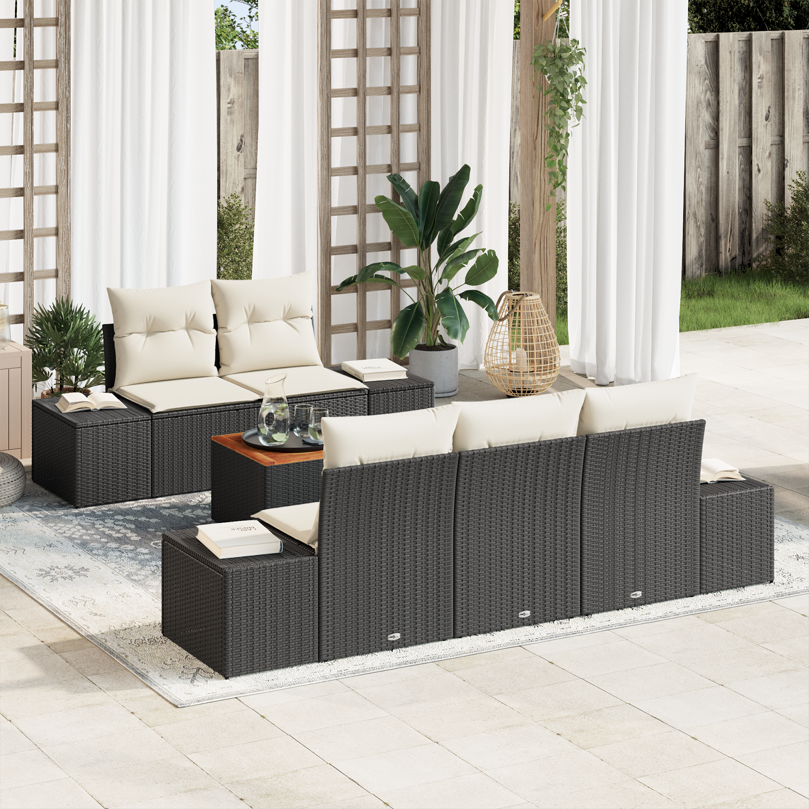 Set di divani da giardino 6 pezzi con cuscini nero polyrattan acacia