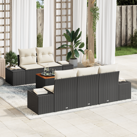 Set di divani da giardino 6 pezzi con cuscini nero polyrattan acacia