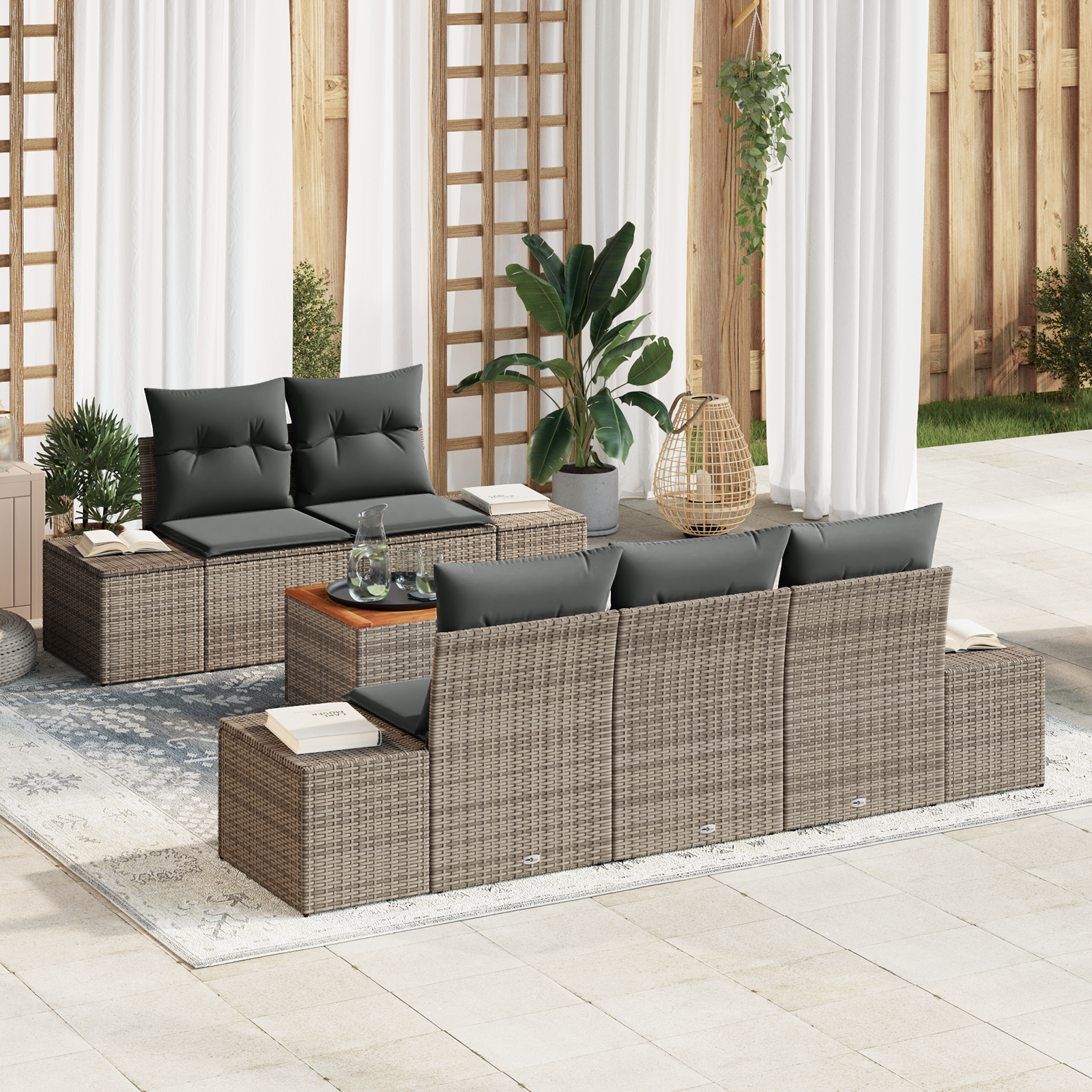 Set di divani da giardino con 6 pezzi e cuscini grigi in rattan sintetico