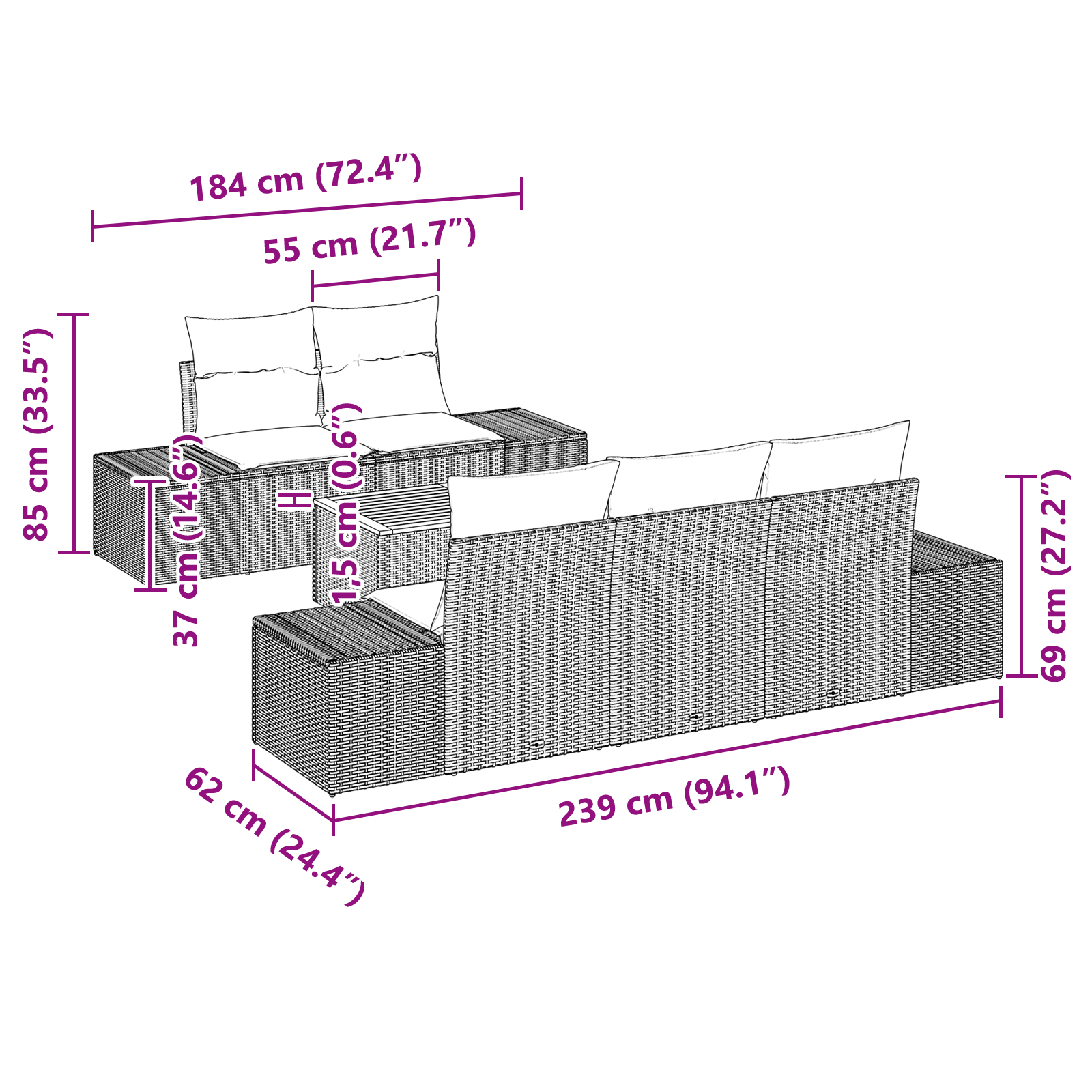 Set di divani da giardino da 6 pezzi con cuscini beige in rattan polimerico